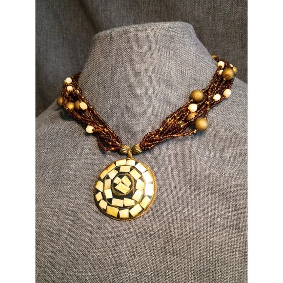 Mosaic Bone Brass Pendant Vintage Jewellery - Picture 1 of 5